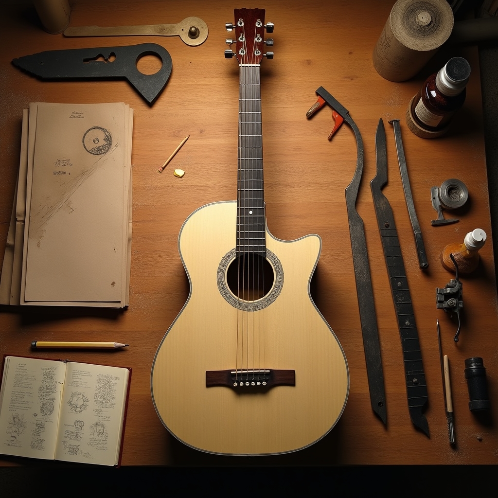 Акустическая гитара на столе мастера