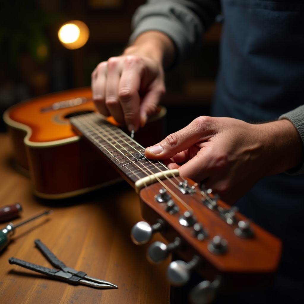 Ремонт гитары крупным планом — замена колков